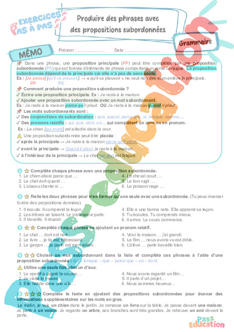 Cours et exercice : Produire des phrases avec des propositions subordonnées : 6ème