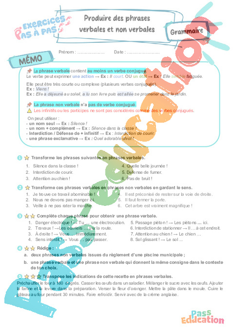 Cours et exercice : Produire des phrases verbales et non verbales : 6ème