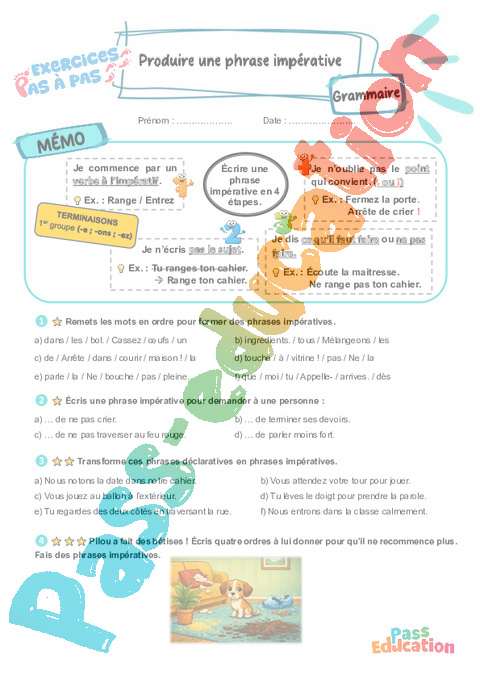 Leçon, exercice et évaluation :<br/> Produire une phrase impérative : CE2