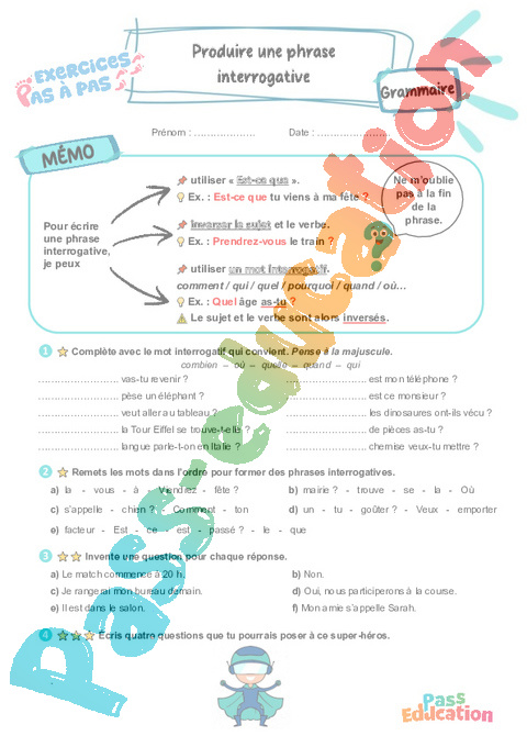 Leçon, exercice et évaluation :<br/> Produire une phrase interrogative : CE2