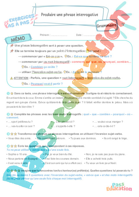 Leçon, exercice et évaluation :<br/> Produire une phrase interrogative : CM2