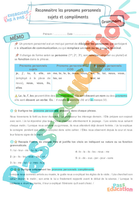 Cours et exercice : Pronom : 5ème