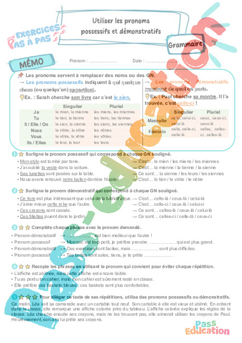 Leçon, exercice et évaluation :<br/> Pronom : CM2
