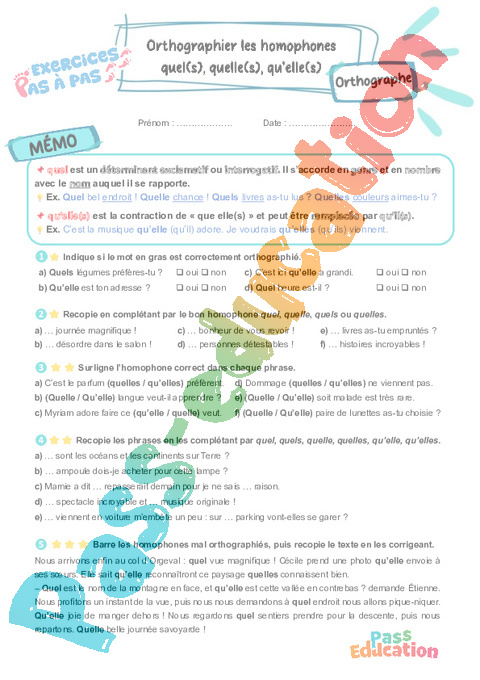 Leçon, exercice et évaluation :<br/> quel(s), quelle(s), qu’elle(s) : Orthographier les homophones : CM2