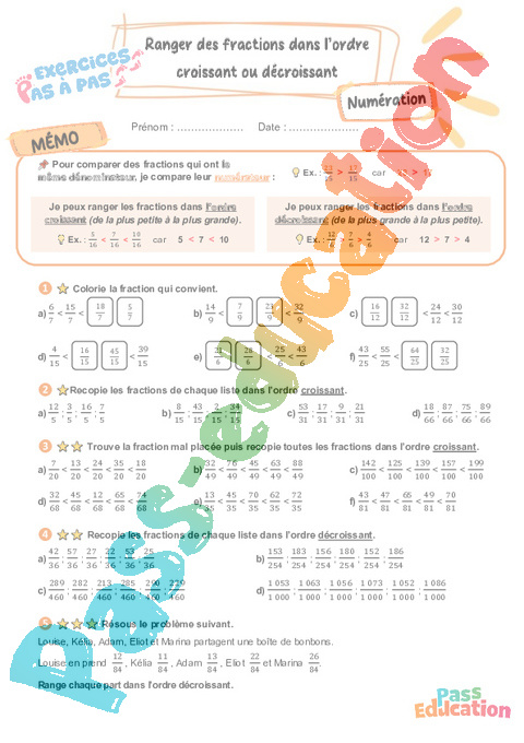 Leçon, exercice et évaluation :<br/> Ranger des fractions (dans l’ordre croissant ou décroissant) : CM2