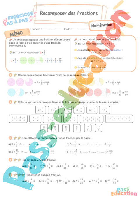 Leçon, exercice et évaluation :<br/> Recomposer des fractions : CM2