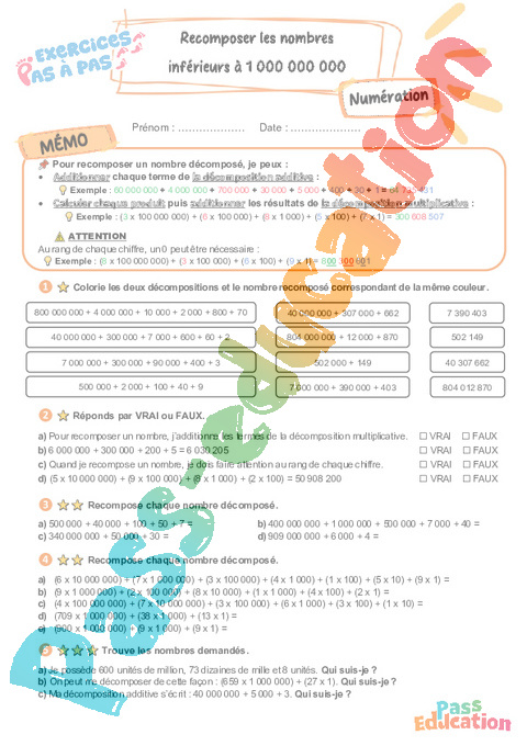 Leçon, exercice et évaluation :<br/> Recomposer les nombres inférieurs à 1 000 000 000 : CM2