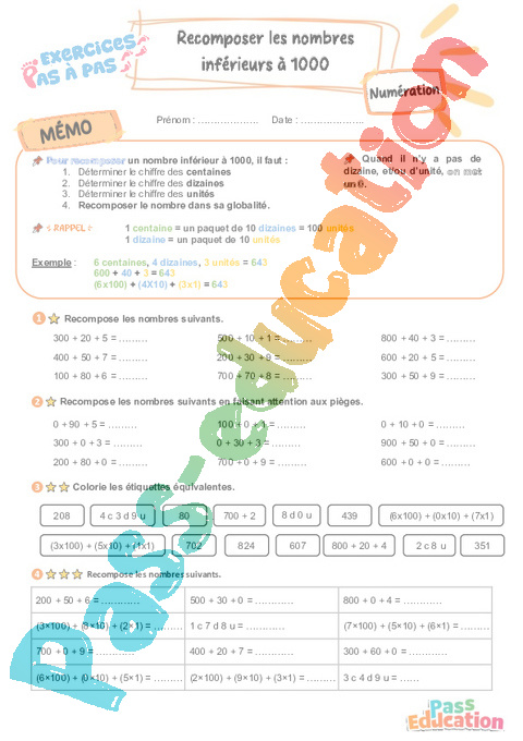 Leçon, exercice et évaluation :<br/> Recomposer les nombres inférieurs à 1000 : CE2