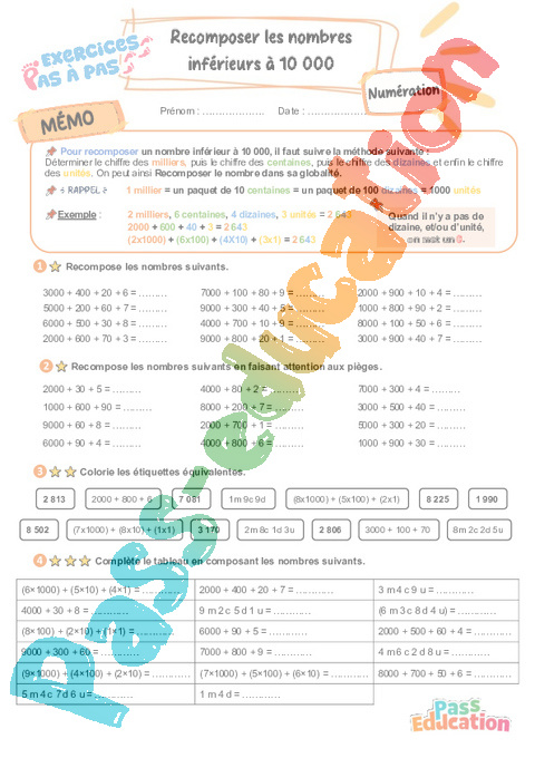 Leçon, exercice et évaluation :<br/> Recomposer les nombres inférieurs à 10000 : CE2
