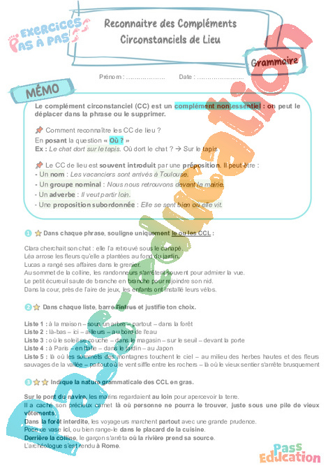 Cours et exercice : Reconnaître des compléments circonstanciels de lieu : 5ème