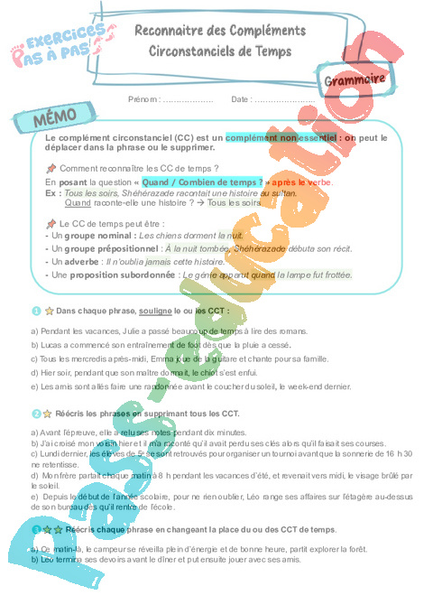 Cours et exercice : Reconnaître des compléments circonstanciels de temps : 5ème