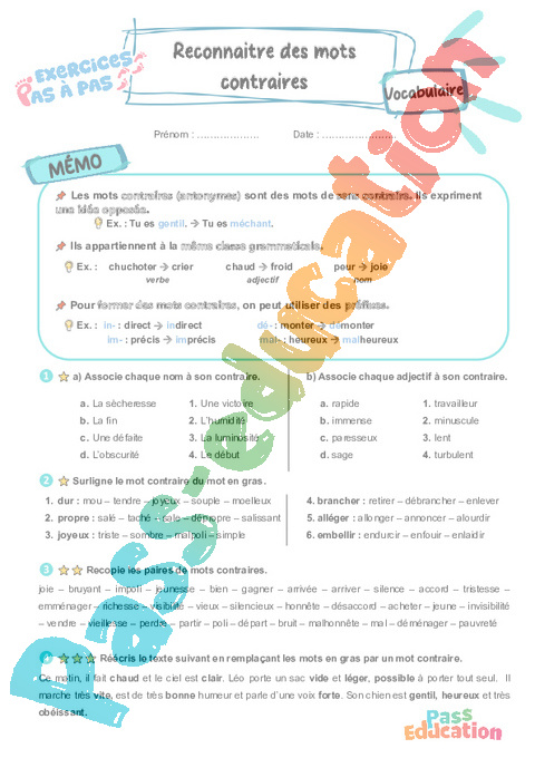 Leçon, exercice et évaluation :<br/> Reconnaître des mots contraires / Antonymes : CE2