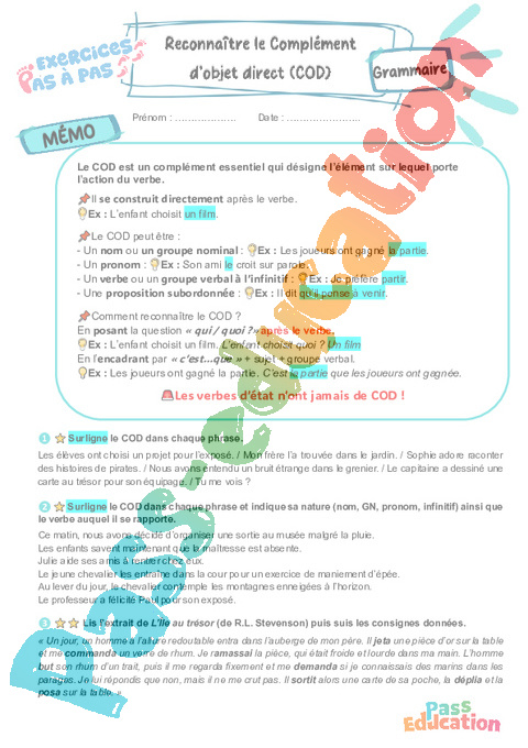 Cours et exercice : Reconnaître le complément d’objet direct (COD) : 5ème