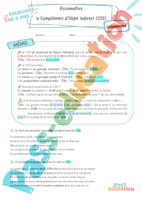 Cours et exercice : Reconnaître le complément d’Objet indirect (COI) : 5ème
