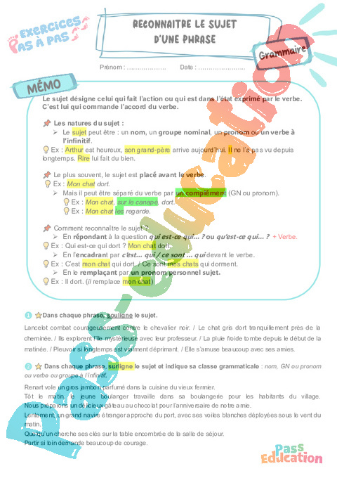 Cours et exercice : Reconnaître le sujet d’une phrase : 5ème