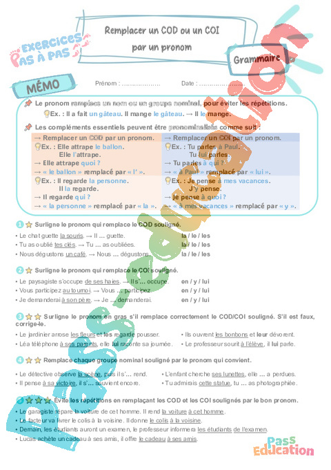 Leçon, exercice et évaluation :<br/> Remplacer un COD ou un COI par un pronom : CM2