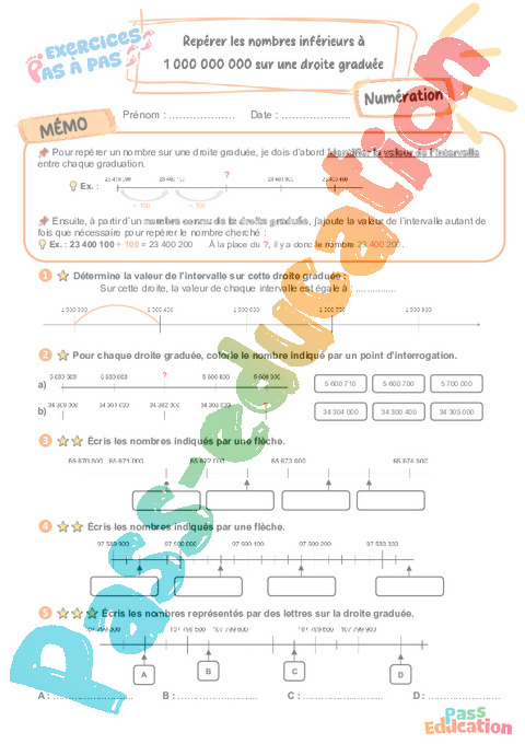 Leçon, exercice et évaluation :<br/> Repérer les nombres inférieurs à 1 000 000 000 sur une droite graduée : CM2