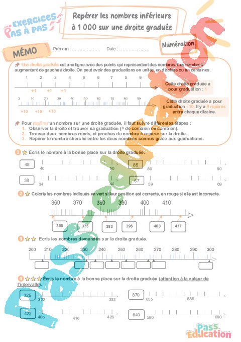 Leçon, exercice et évaluation :<br/> Repérer les nombres inférieurs à 1 000 : CE2