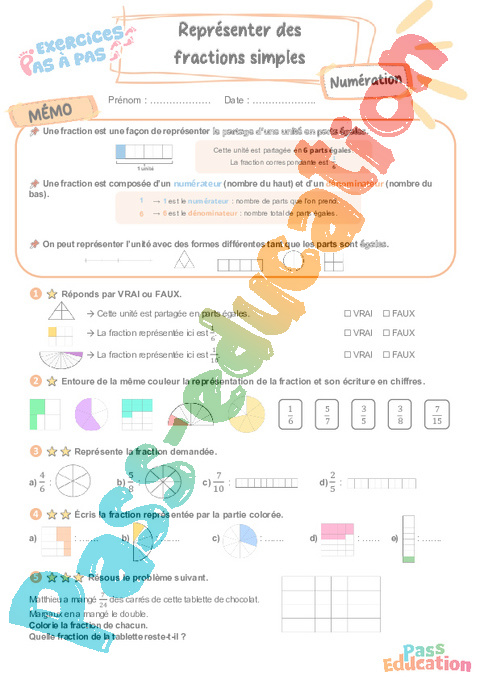 Leçon, exercice et évaluation :<br/> Représenter des fractions simples : CM2