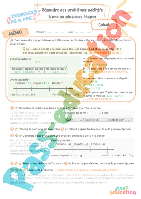 Leçon, exercice et évaluation :<br/> Résoudre des problèmes additifs à une ou plusieurs étapes / dénombrement : CM2
