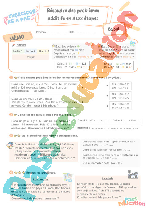 Leçon, exercice et évaluation :<br/> Résoudre des problèmes additifs en deux étapes : CE2