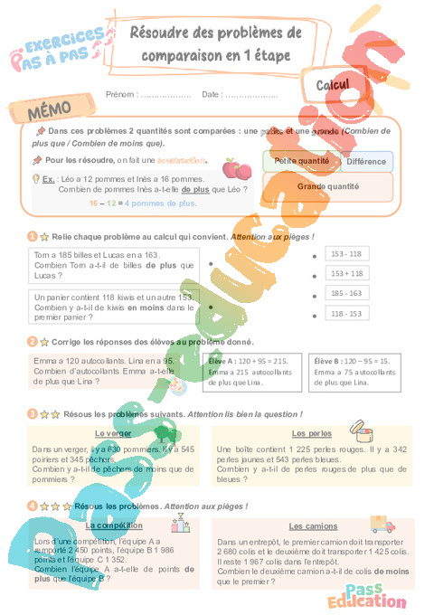 Leçon, exercice et évaluation :<br/> Résoudre des problèmes de comparaison en 1 étape : CE2