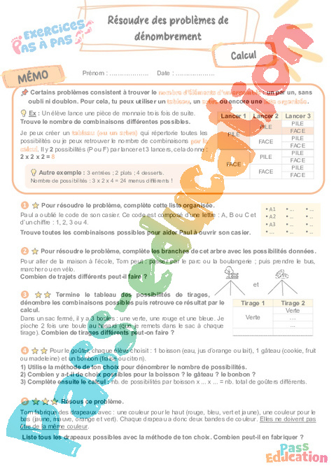Leçon, exercice et évaluation :<br/> Résoudre des problèmes de dénombrement / dénombrement : CM2