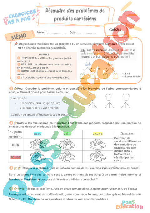Leçon, exercice et évaluation :<br/> Résoudre des problèmes de produits cartésiens / dénombrement : CE2