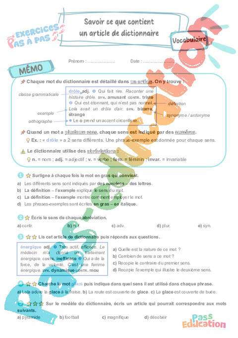 Leçon, exercice et évaluation :<br/> Savoir ce que contient un article de dictionnaire : CM2