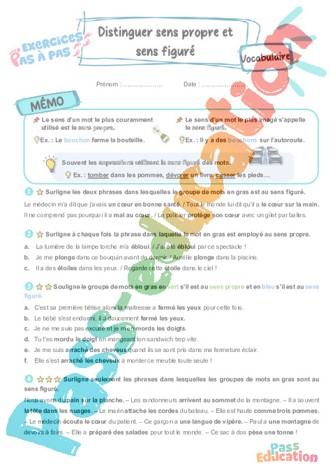 Leçon, exercice et évaluation :<br/> Sens propre et figuré : CE2
