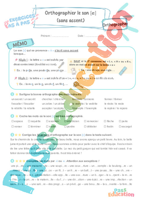 Leçon, exercice et évaluation :<br/> Son [ɛ] : orthographier (sans accent) : CE2