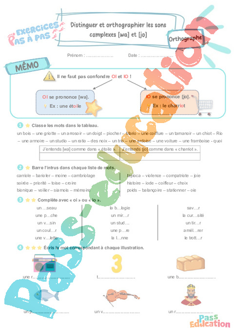 Leçon, exercice et évaluation :<br/> Sons [wa] et [jo] : distinguer et orthographier les sons complexes : CE2
