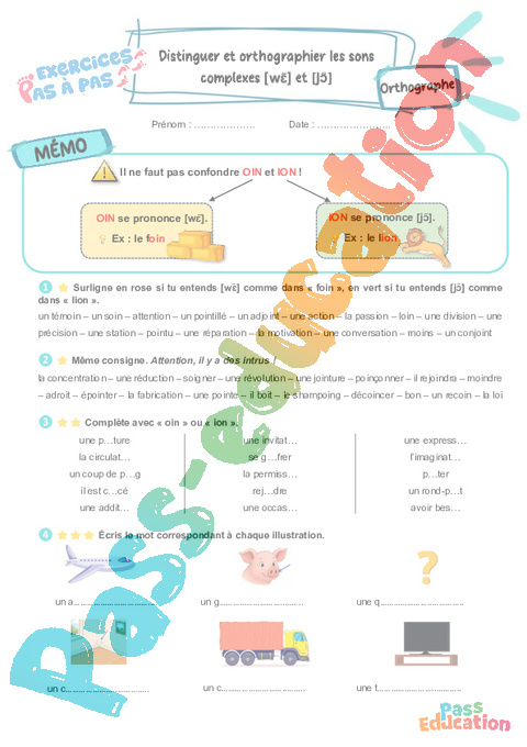 Leçon, exercice et évaluation :<br/> Sons [wɛ̃] et [jɔ̃] : distinguer et orthographier les sons complexes : CE2