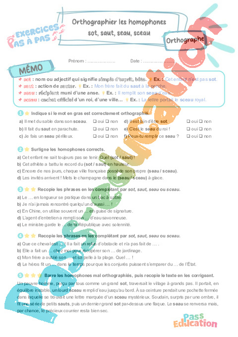 Leçon, exercice et évaluation :<br/> Sot, saut, seau, sceau : orthographier : CM2