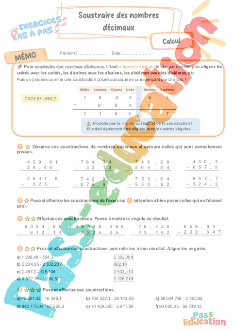 Leçon, exercice et évaluation :<br/> Soustraction de Nb décimaux : CM2