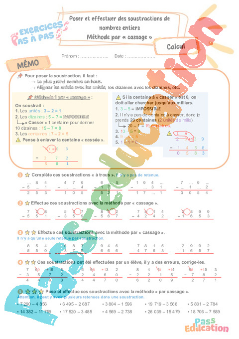Leçon, exercice et évaluation :<br/> Soustractions de nombres entiers – Méthode par « cassage » : CE2