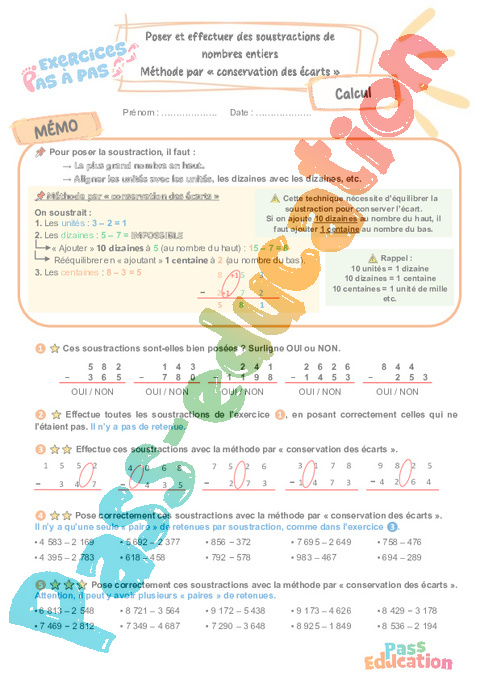Leçon, exercice et évaluation :<br/> soustractions de nombres entiers – Méthode par « conservation des écarts » : CE2