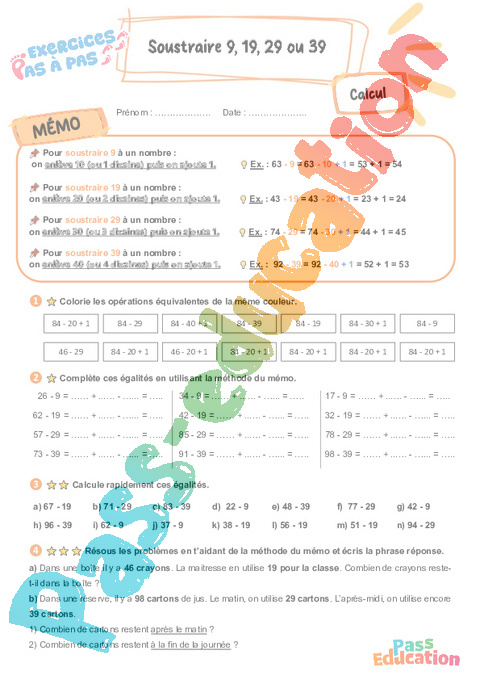 Leçon, exercice et évaluation :<br/> Soustraire 9, 19, 29 ou 39 : CE2
