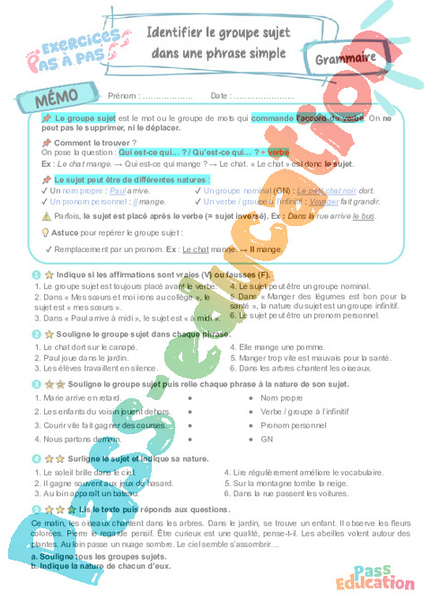 Cours et exercice : Sujet, groupe sujet : 6ème
