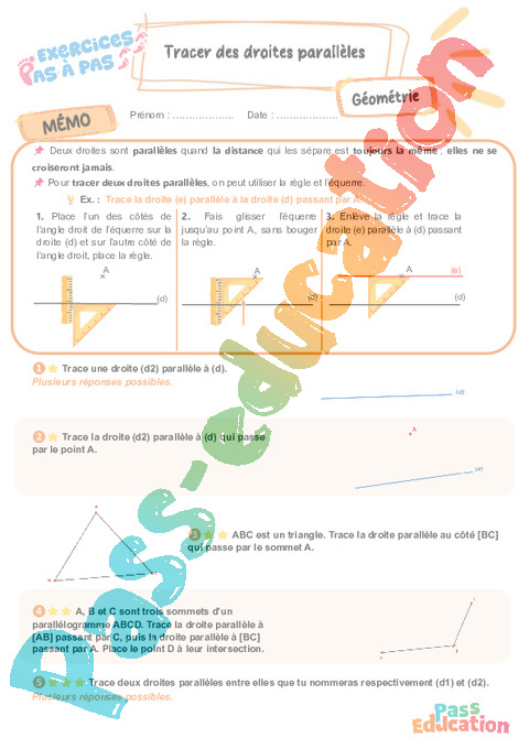 Leçon, exercice et évaluation :<br/> Tracer des droites parallèles : CM2