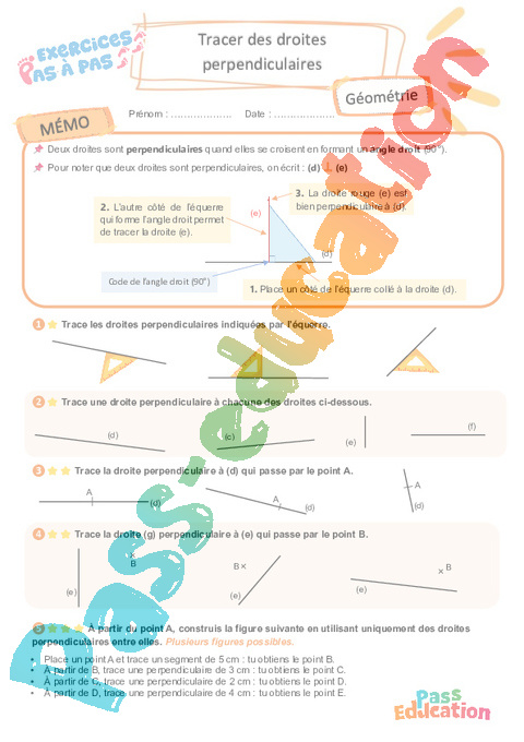 Leçon, exercice et évaluation :<br/> Tracer des droites perpendiculaires : CM2