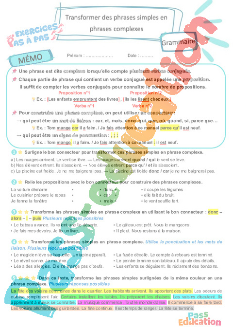 Leçon, exercice et évaluation :<br/> Transformer des phrases simples en phrases complexes : CM1