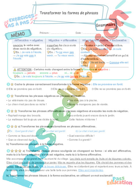 Leçon, exercice et évaluation :<br/> Transformer les formes de phrases : CM1