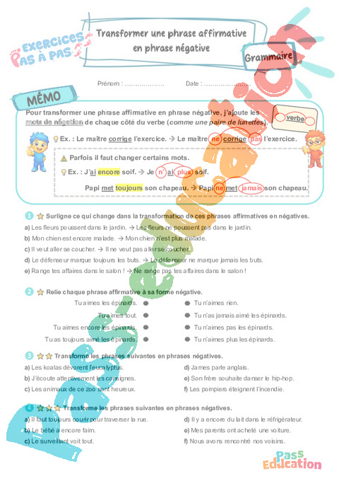 Leçon, exercice et évaluation :<br/> Transformer une phrase affirmative en phrase négative : CE2