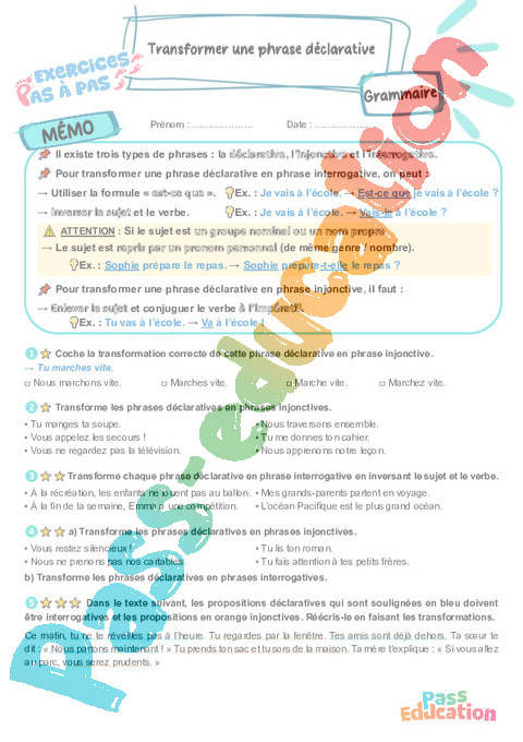 Leçon, exercice et évaluation :<br/> Transformer une phrase déclarative : CM1