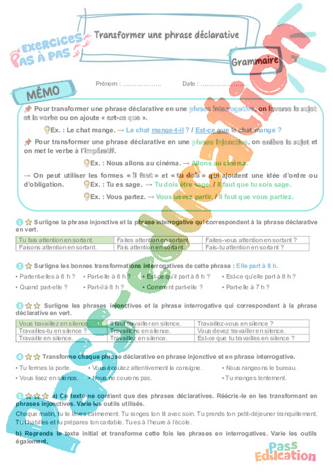 Leçon, exercice et évaluation :<br/> Transformer une phrase déclarative : CM2