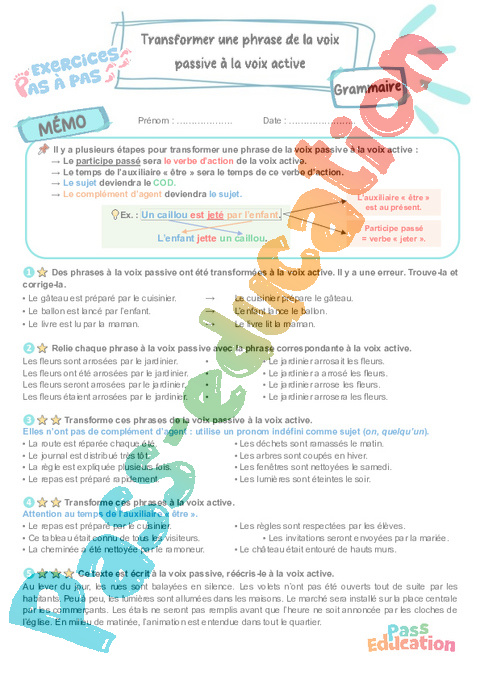 Leçon, exercice et évaluation :<br/> Transformer voix passive en voix active : CM2