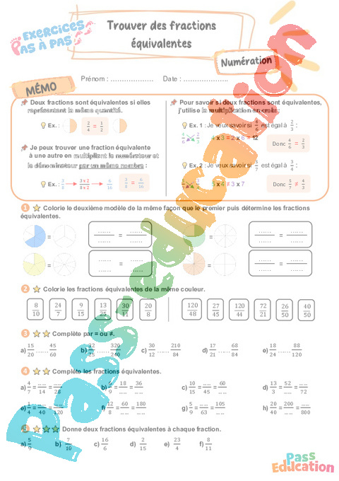 Leçon, exercice et évaluation :<br/> Trouver des fractions équivalentes : CM2