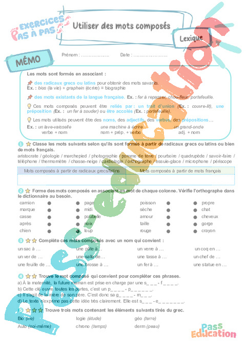 Cours et exercice : Utiliser des mots composés / étymologie : 6ème