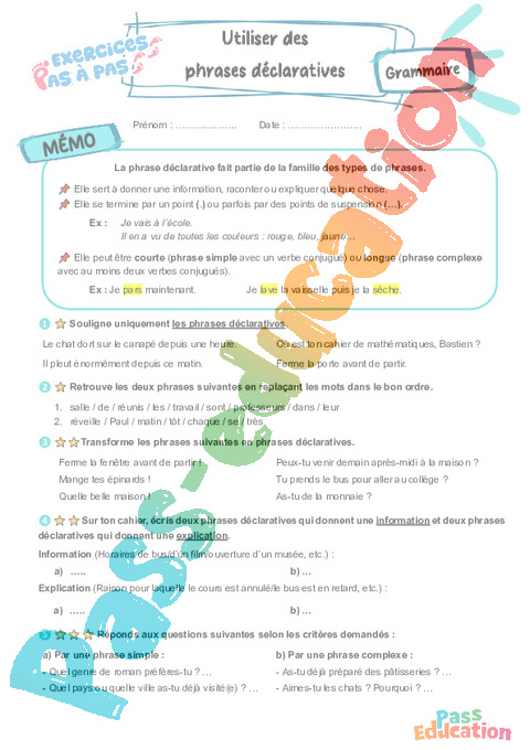 Cours et exercice : Utiliser des phrases déclaratives : 6ème